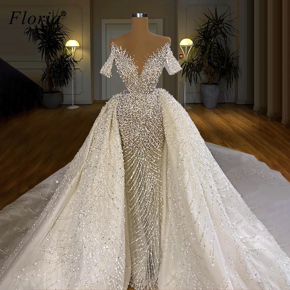 Vestidos de novia blancos con ilusión de tren desmontable, vestidos de novia de sirena, elegantes vestidos de novia de princesa personalizados