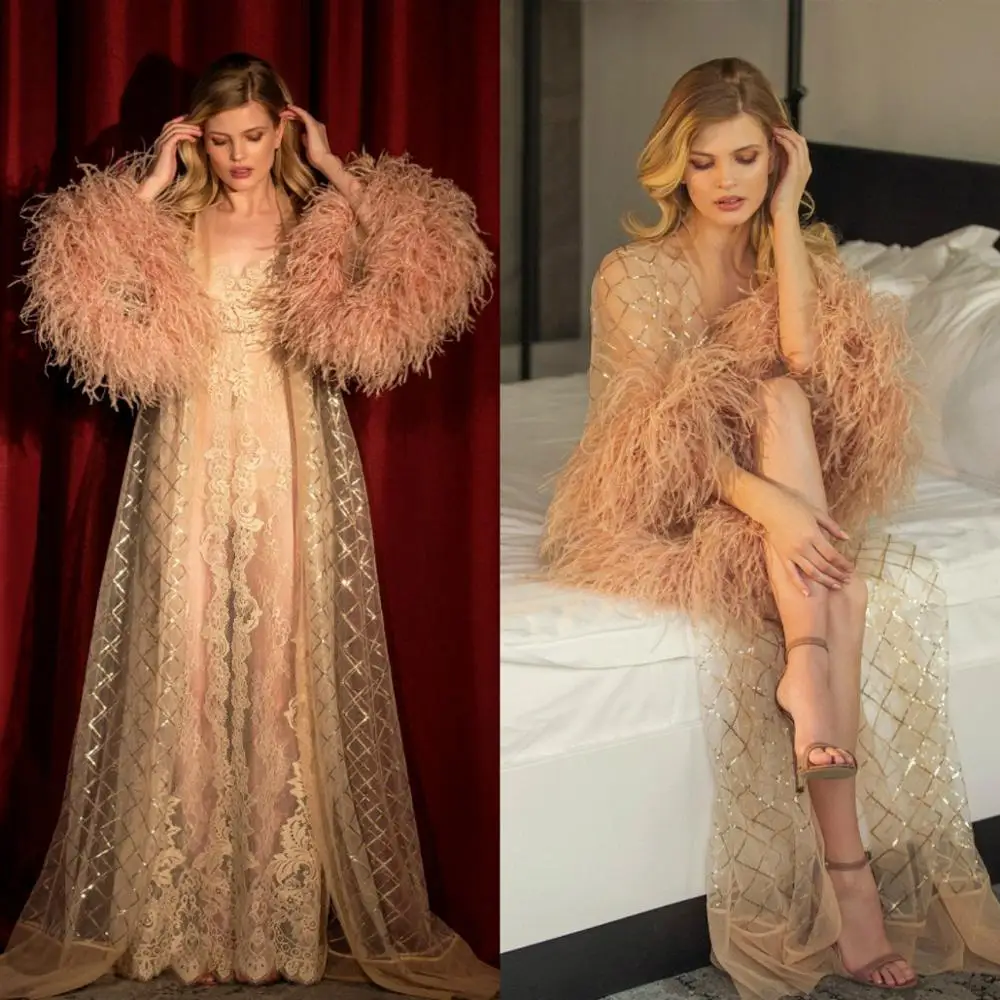 

Gorgeous Illusion Night Robe 2020 Long Sleeve Feathers Party Sleepwear Custom Made Luxury Nightgowns Robes with Belt