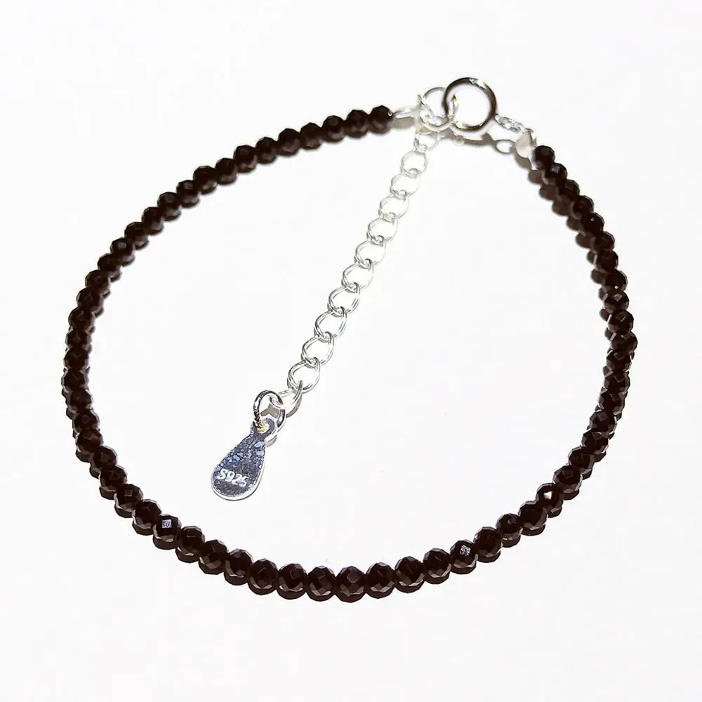 Lii Ji Real Gemstone Black Spinel Bracelet Faceted Beads 2mm 925 Sterling Siver Clasp adjustable Kids Friends Mother Nice gift