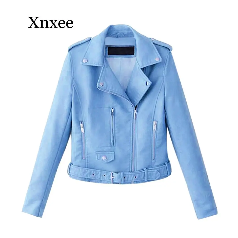 baby blue  PU Leather Jackets Autumn Women Black  Cool Lady Sweet Female Zipper Faux Femme Outwear Coat  Short Jackets