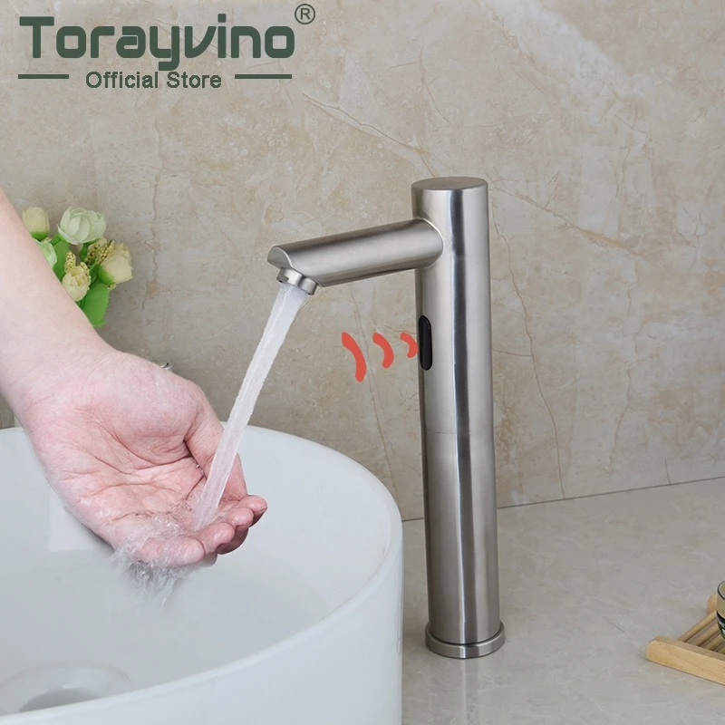 Torayvino Nickel Brushed Basin Sink Bathroom Automatic Faucet Deck Mounted Cold & Hot Water Mixer Sensor Faucets Bathtub Tap