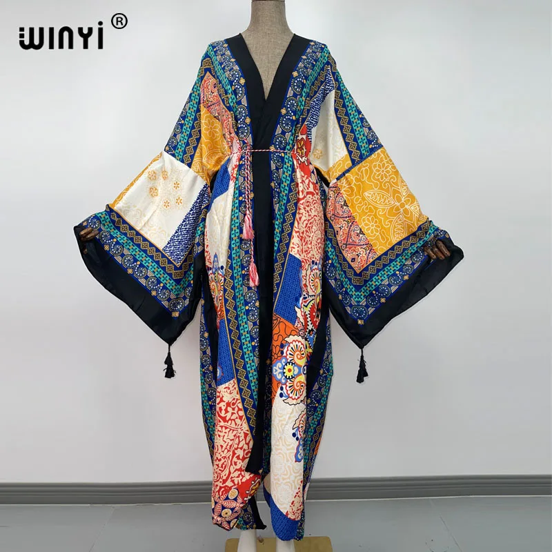 WINYI-Vestido largo bohemio de manga larga para mujer, traje elegante con estampado de Cachemira, cinturón, dobladillo grande, para playa, 2021