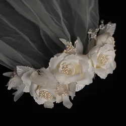 Korean White Flower Barrettes Long Veil Bride hair Jewelry Bride Wedding Hair Accessories