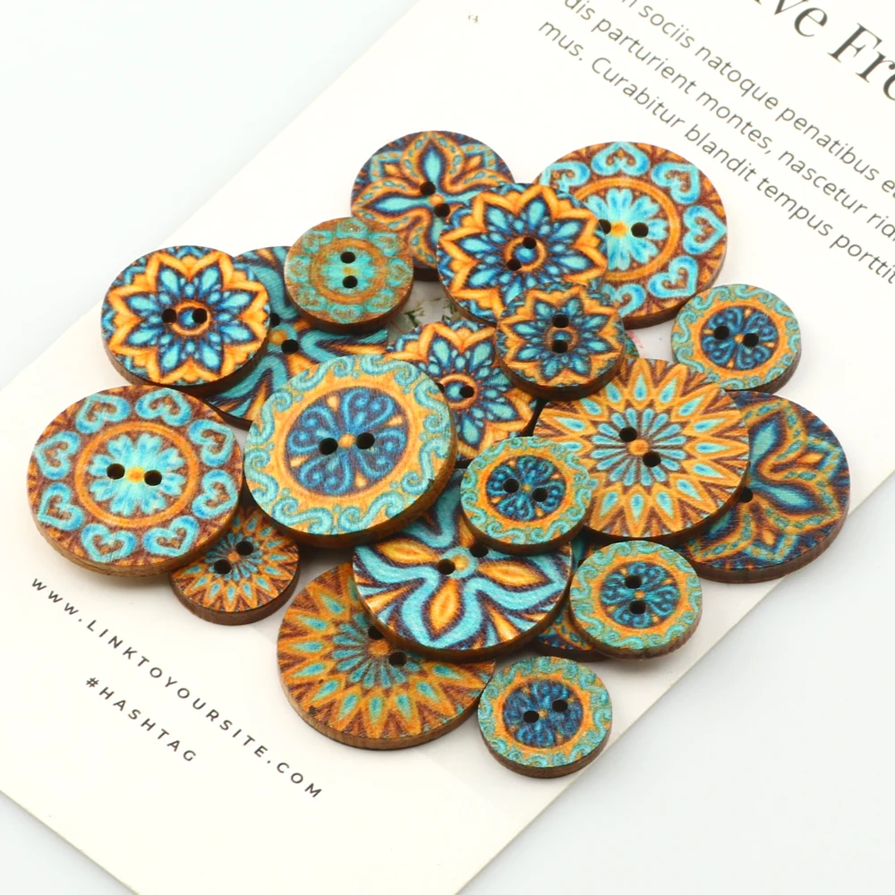 50pcs Blue Vintage Wooden Buttons 2 Holes 15/20/25mm Mixed Buttons for Clothes DIY Sewing Buttons Decorative Clothing Crafts