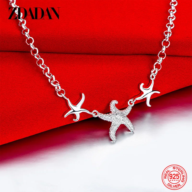 

ZDADAN 925 Sterling Silver 18inch Starfish Necklace For Women Fashion Wedding Jewelry Party Gift