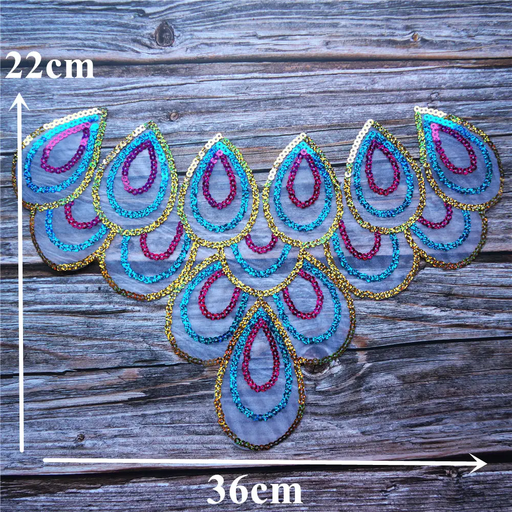 Gold Pink Blue Sequin Peacock Feather Fabric Collar Embroidered Appliques Iron Sew On Patches For Wedding Decoration Dress DIY