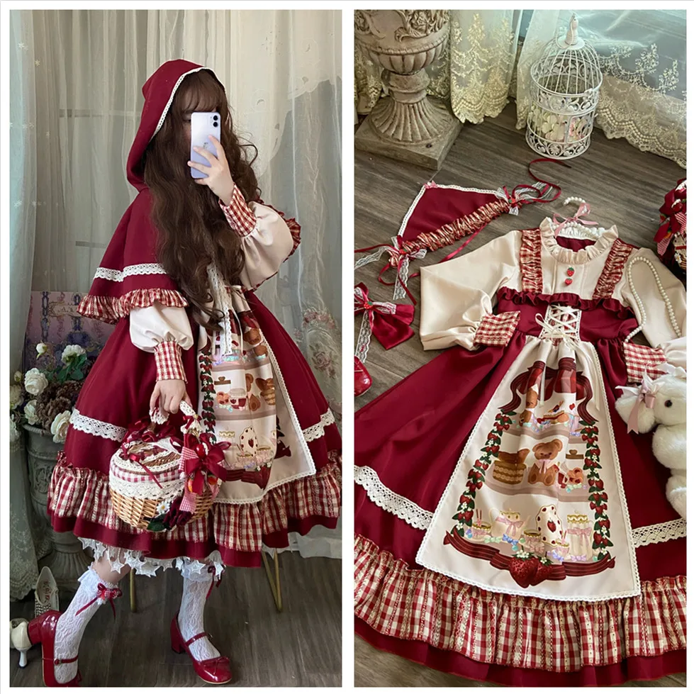 Prinzessin tee party süße lolita kleid vintage spitze bowknot hohe taille rot kleid mori mädchen gothic lolita op loli cosplay cos