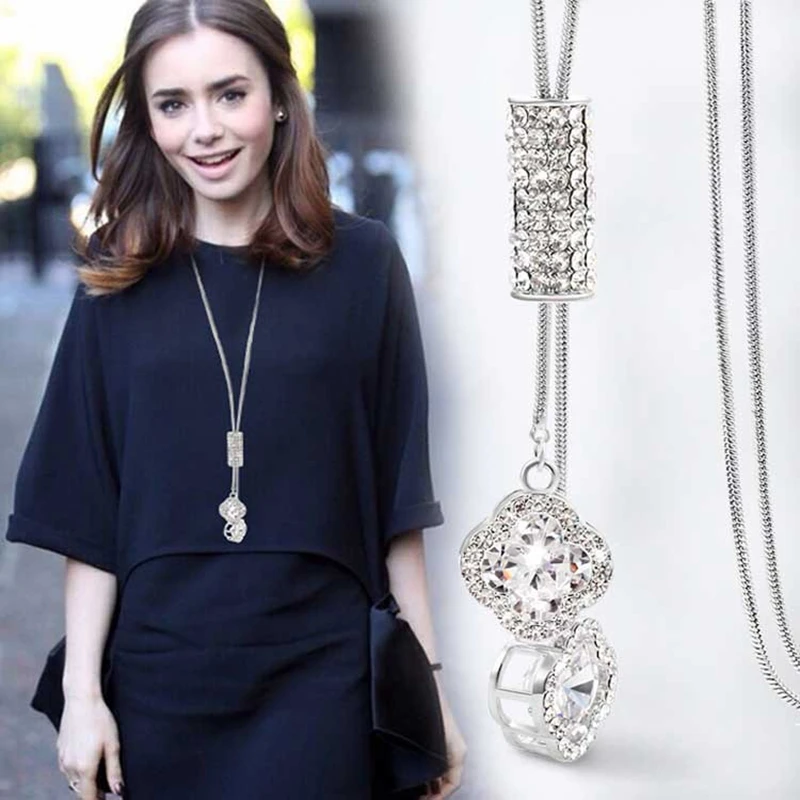 Fashion Leaf Necklace Pendant Long Sweater Twist Chain Necklaces Crystal Jewelry Clover Necklace For Women