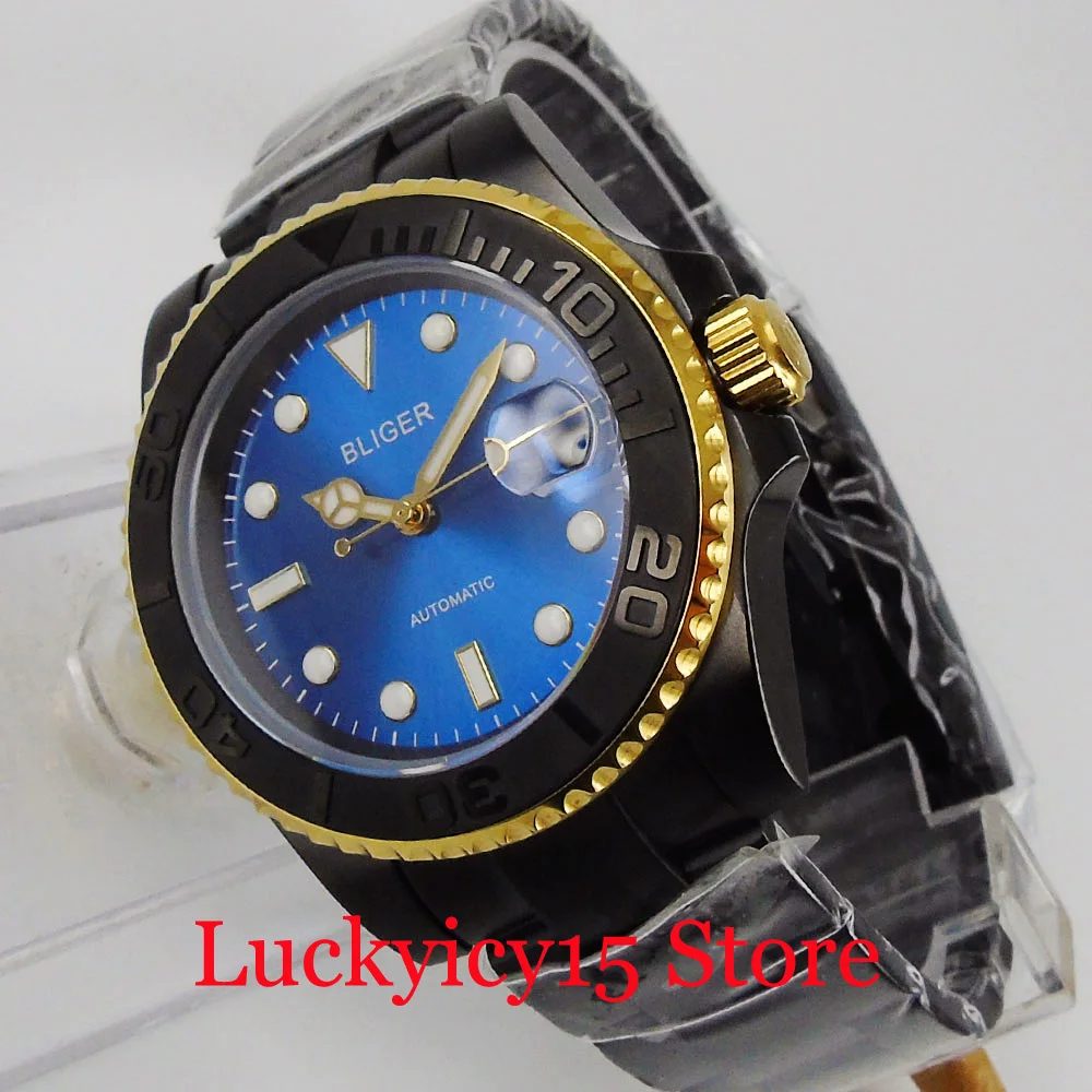 BLIGER Blue Black PVD plated 40mm Mechanical Male Watch Sapphire Crystal MIYOTA Movement Screw Down Crown