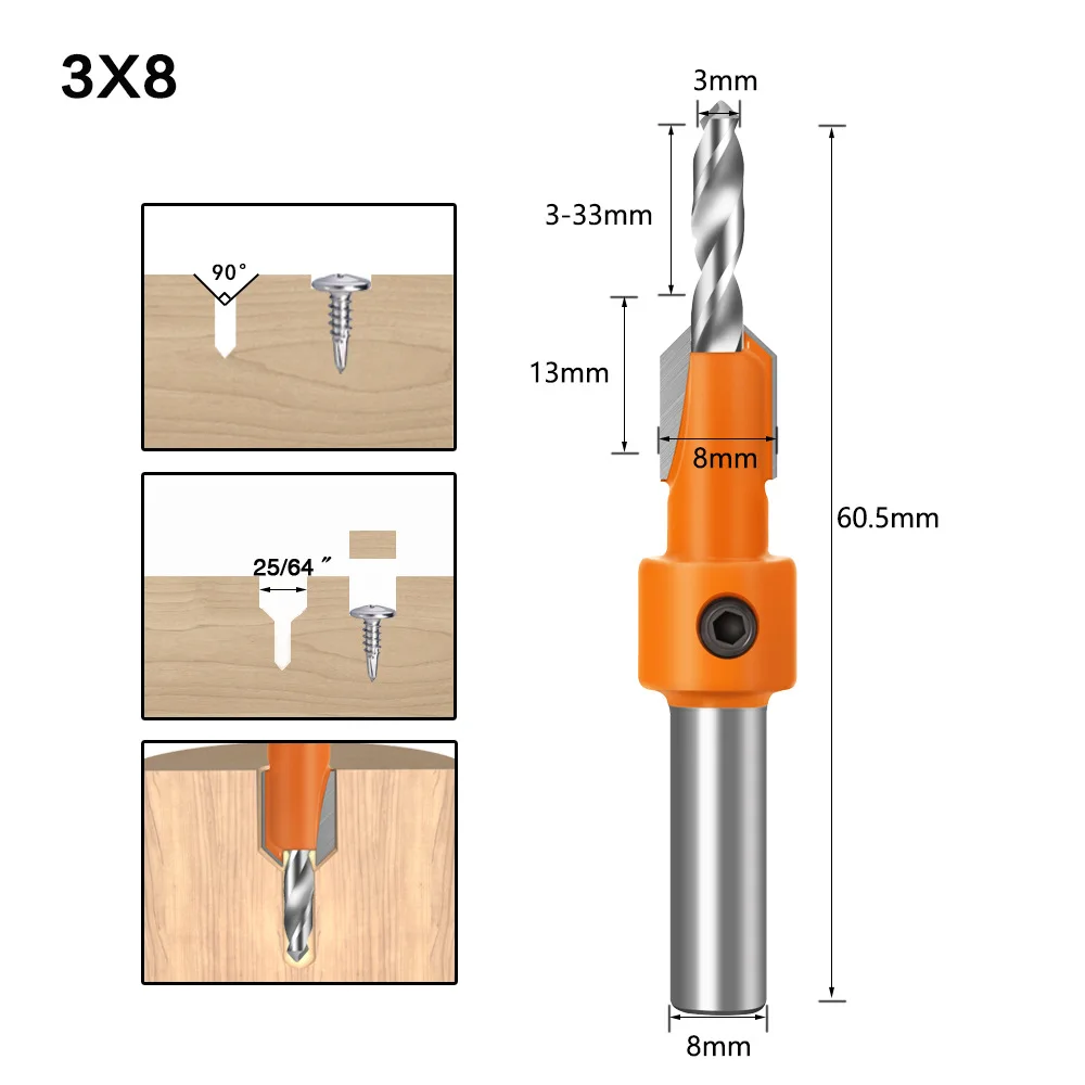 8/10mm Shank HSS Countersink Drill Woodworking Countersink Router Bit Screw Extractor Remon Demolition Carpentry Tools