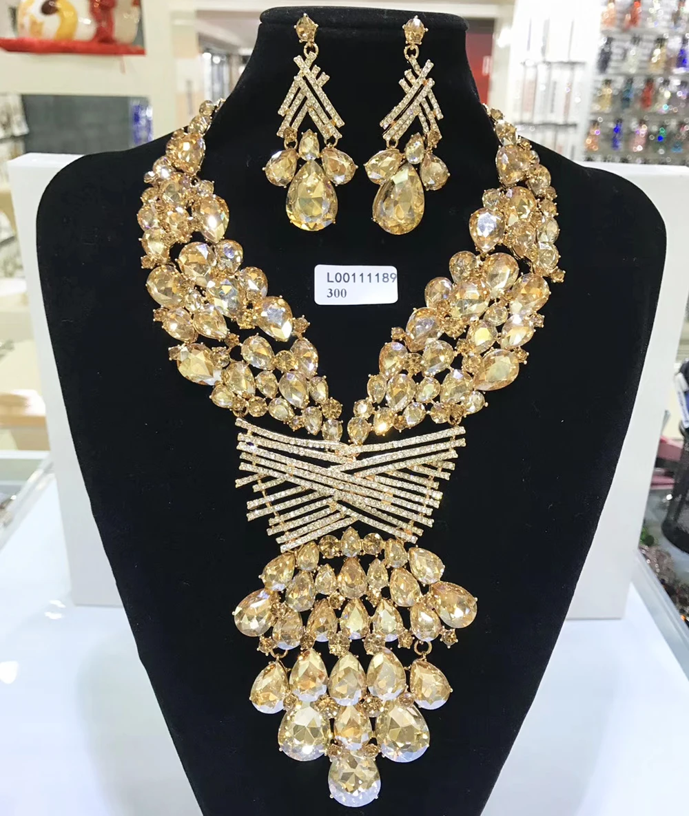 Jewelry Sets Multicolor Bridal Wedding Big Crystal Dubai Gold Color Jewelry Sets For African Women Necklace Earrings