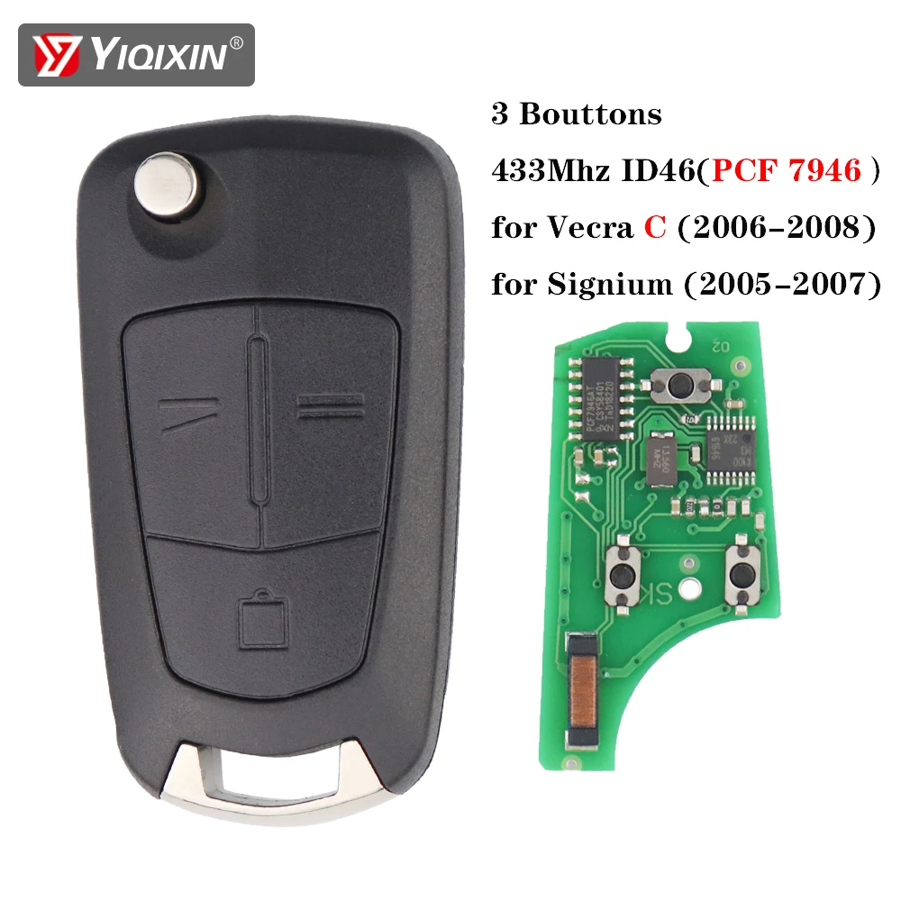 YIQIXIN chiave di copertura per auto a distanza pieghevole per Opel Vauxhall Vectra C (2006 - 2008) Signium (2005 - 2007) 3 pulsanti 433MHZ PCF7946