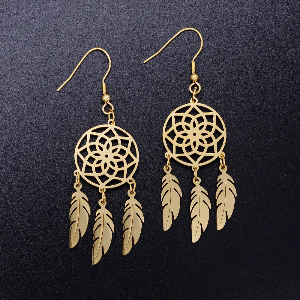 

316 Stainless Steel Yoga Lotus Feather Dream catcher Unique Drop Earring for Women Boho Jewelry Earrings Dropshipping