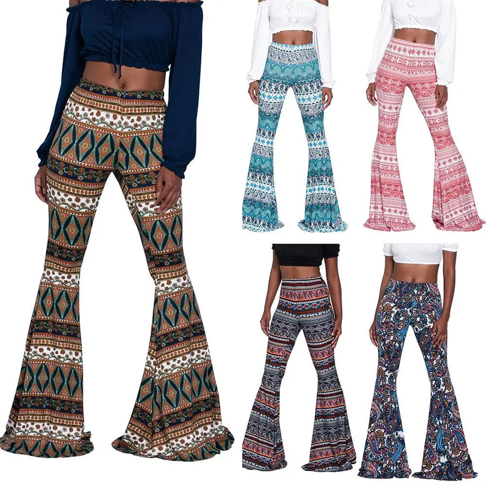 Boho Geometric Print Women High Waist Bell Bottom Loose Wide Leg Flared Pants