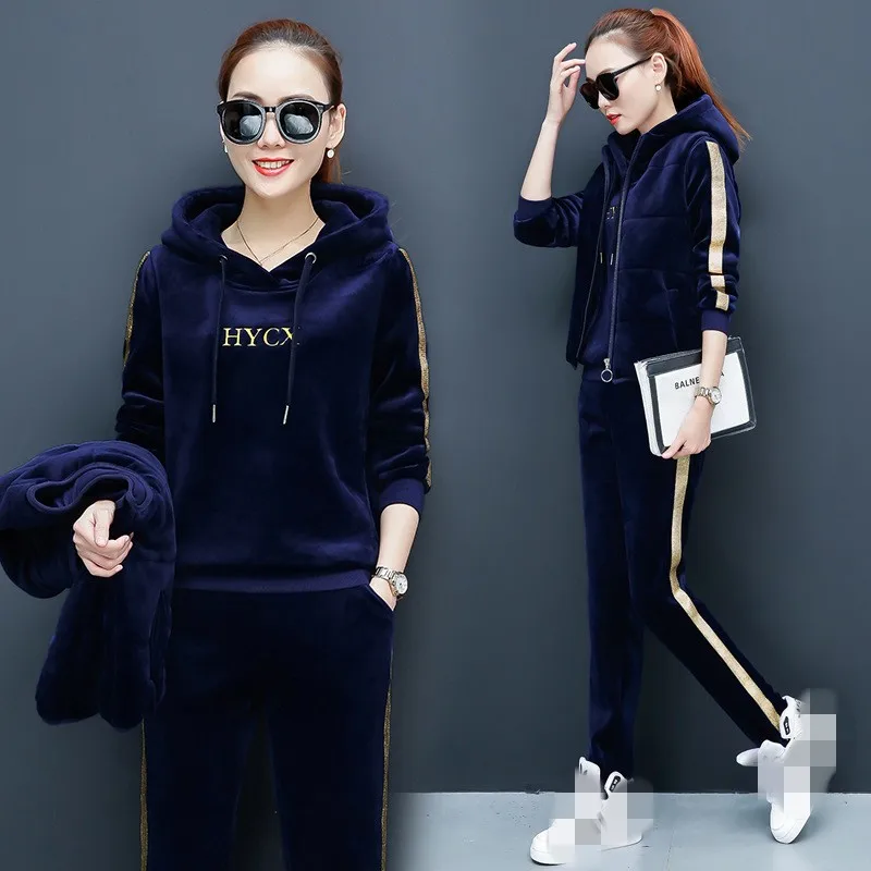 Woman Gold Velvet Casual Sportswear Suits Hooded Pullover Vest Thickening Warm Female Three Piece Sets Outdoor Fitness Winter