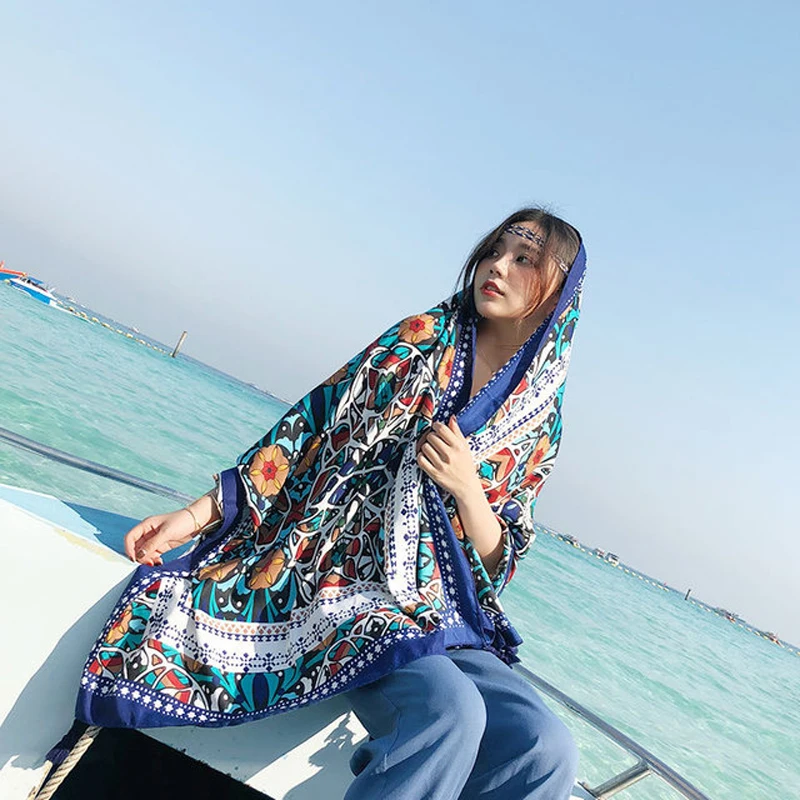 Beach Travel Scarf 2022 Summer New Women Luxury  Cotton Bohemian Print Shawl Scarves Women\'s Beach Pareos Bandana Foulard Femme