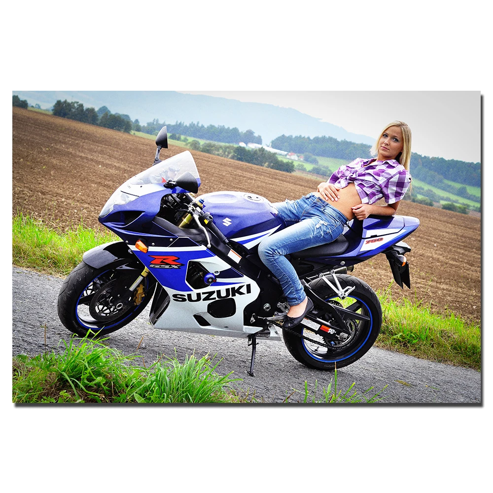 Suzuki GSX R Motorcycle and Blonde Girl Posters Wall Art Canvas Prints Decorative Paintings for Home Decor