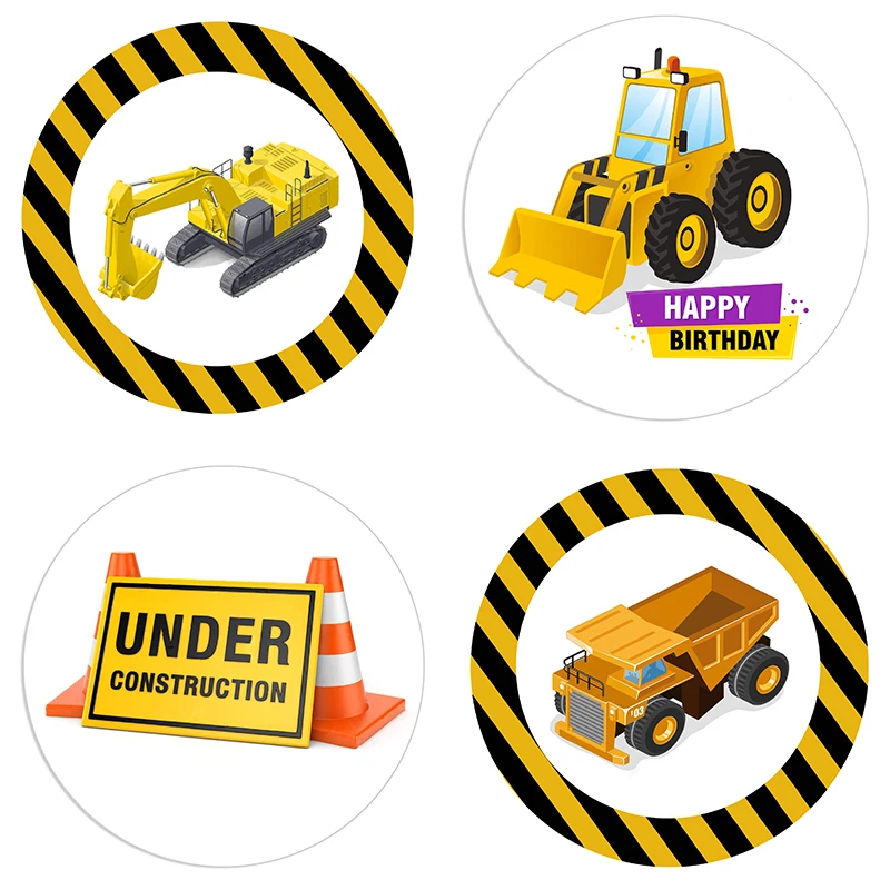 24/48pcs Construction Trucks Party Sticker Excavator Car Gift Box Invitation Labels Boys Birthday Party DIY Decorations Stickers