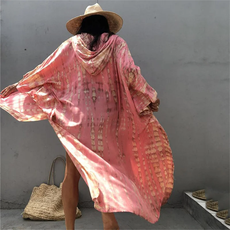 2021 Women Bikini Cover-ups Hooded Cardigan Loose Beach Holiday Sunscreen Beach Bikini Cover Up Summer Kimono Dress