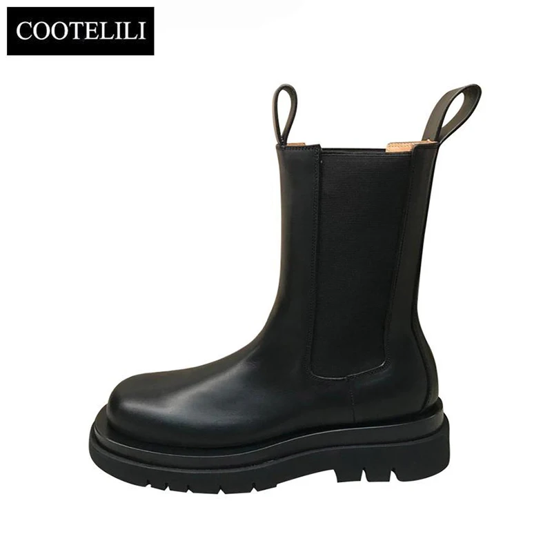 COOTELILI Leather Women Boots Brand Fall Winter Warm Short Ankle Boots Platform Flats Shoes Waterproof Water Shoes Non-Slip