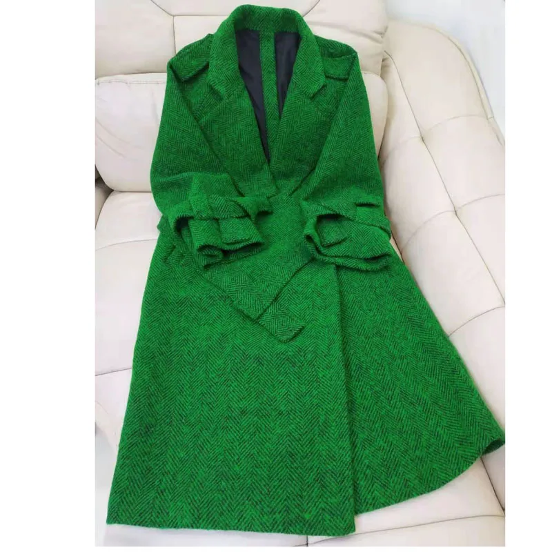 Women\'s X-Long Woollen Overcoat with Belt, New Fashion Jacket, Female Clothes, Green Color, Autumn and Winter, 2024