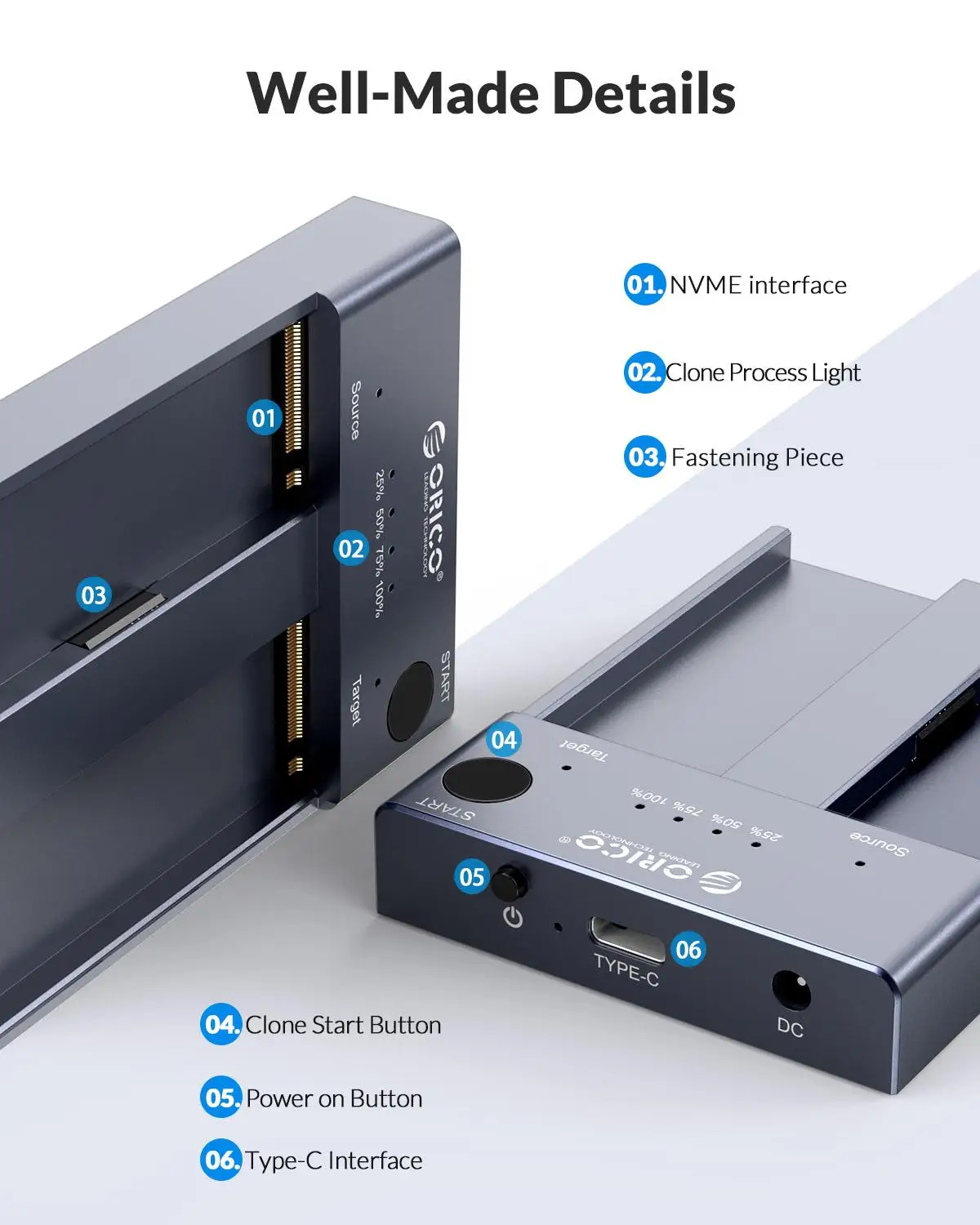 Imagem -05 - Orico Dual Bay M.2 Nvme Ssd Gabinete Offline Clone Usb c 3.1 Gen2 10gbps para Chave m & Chave m b Nvme Pcie Ssd Leitor de Disco Rígido