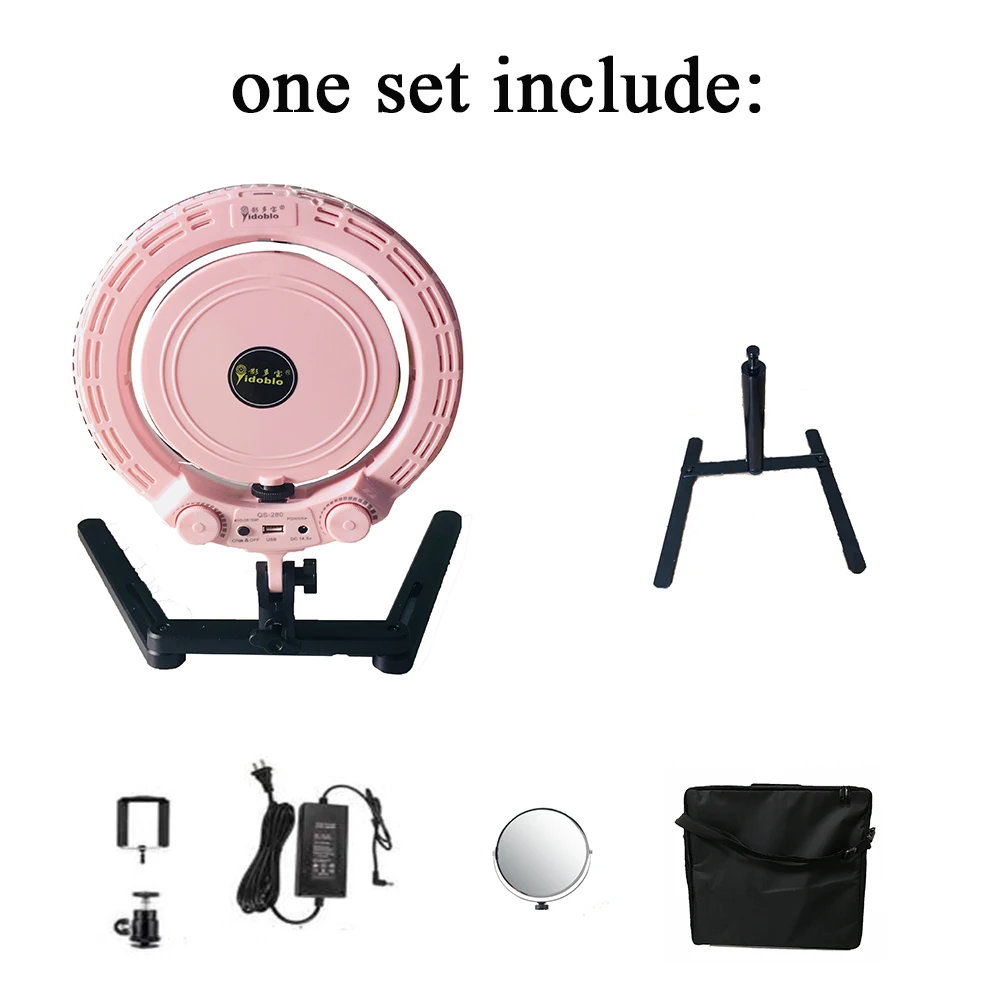 

Yidoblo pink QS-280 10" mini Beauty Ring Light Ring lamp makeup with mirror, table stand, Mobile phone holder and soft bag