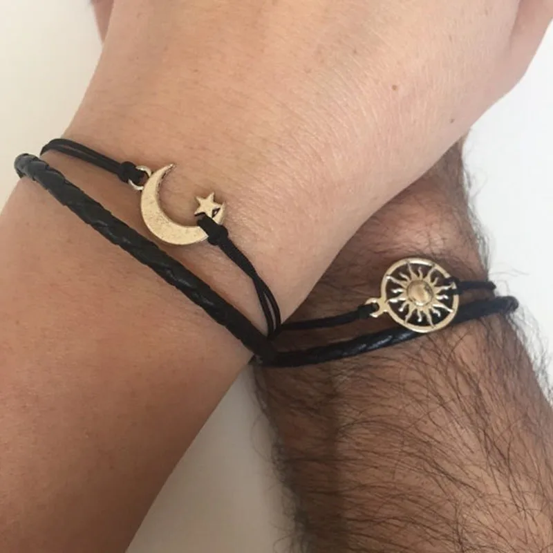 Couples Bracelets Friendship Love Cuff Moon and Sun Leather Braid Gift Adjustable Current Trendy Innovative