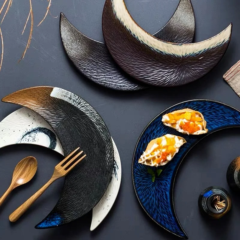 Japanese Style Ceramic Food Container Sushi Plate Creative Irregular Retro Moon Shape Snack Plate Dessert Dish Kitchen Tableware