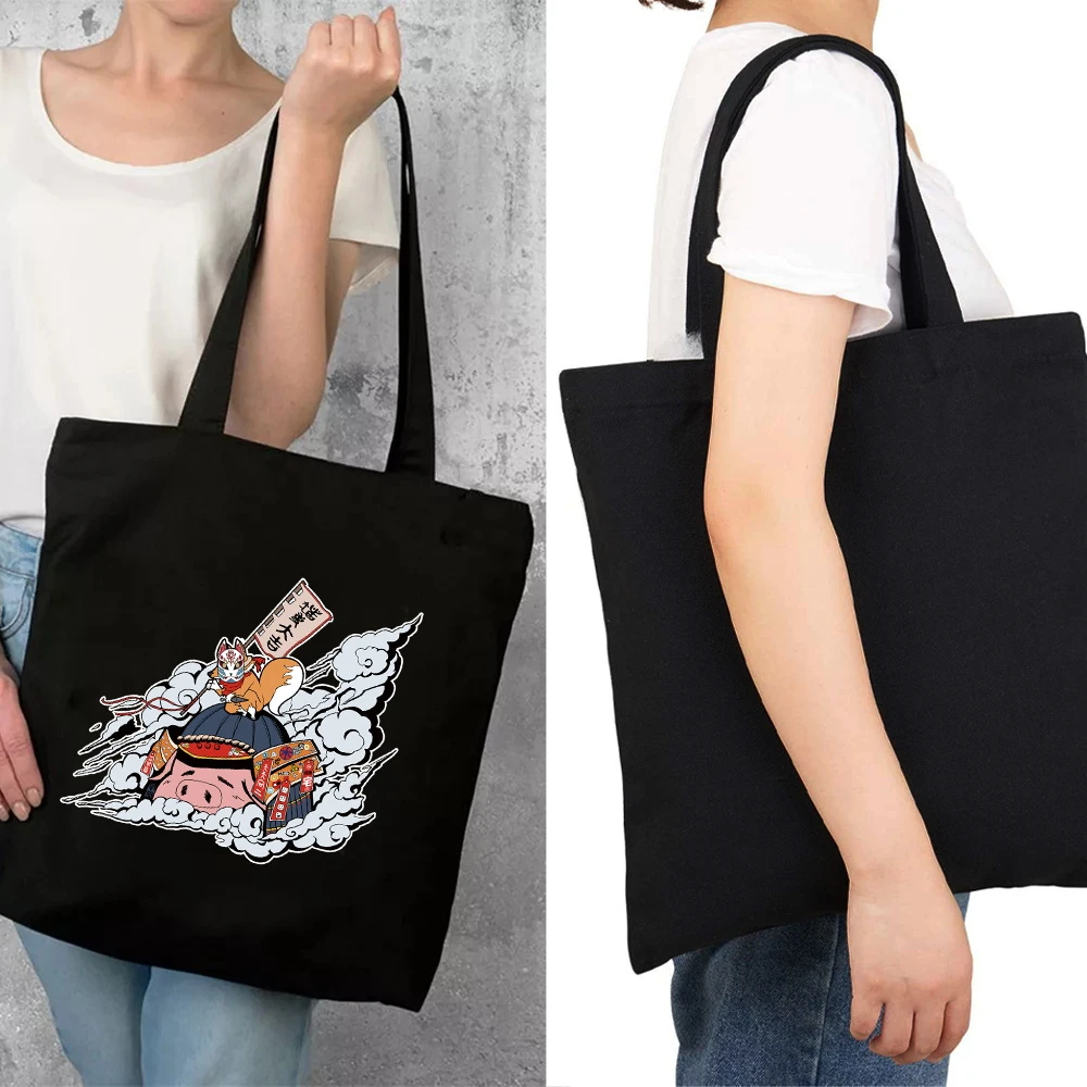 2022 Women Shopping Bags Harajuku Style Cartoon Pictures Shopper Shoulder Bag Fashion Black Printing Handbag Canvas Tote Packet