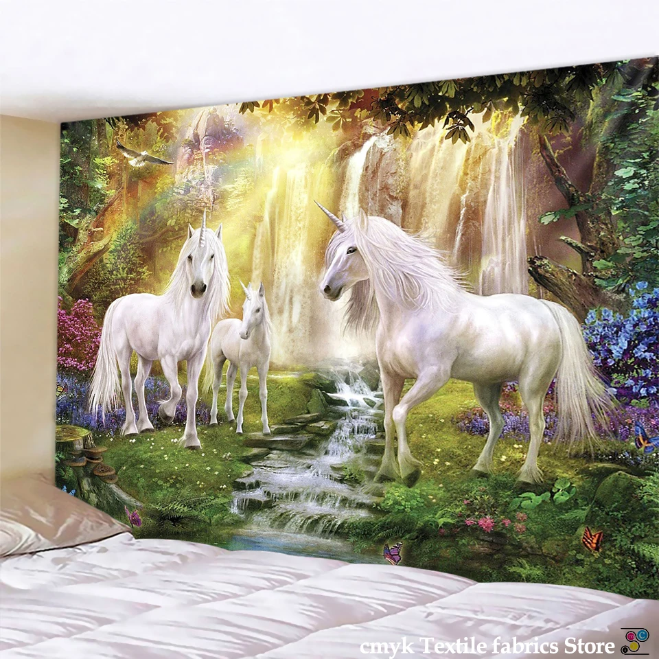 Sacred Unicorn Decoration Tapestry Wall Hanging Background Cloth Christmas Psychedelic Wall Carpet Camping Tent Travel Mattres