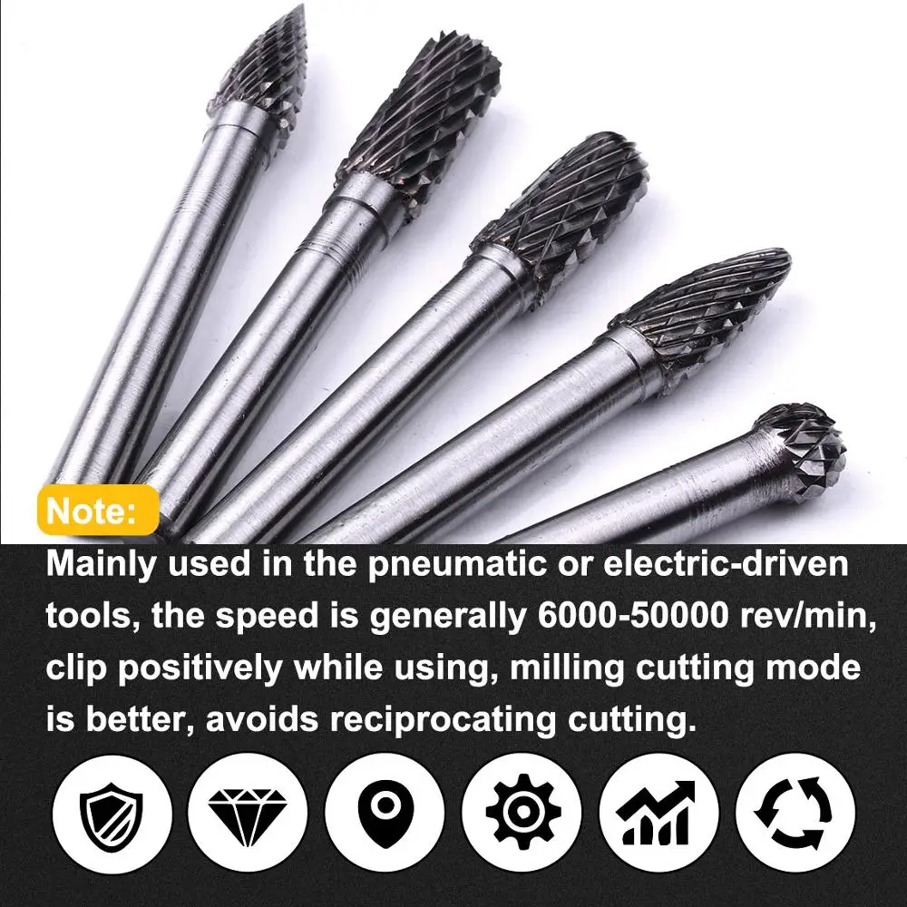 5PCS/Set 6mm Shank Tungsten Carbide Grinder Rotary Burr Dies Diameter 8mm Carving Drill Bit Tool