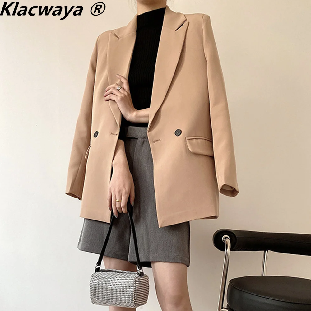

Klacwaya Women Chic Office Lady Double Breasted Blazer Vintage Notched Collar Long Sleeve Coat 2022 Female Casual Tops Outerwear