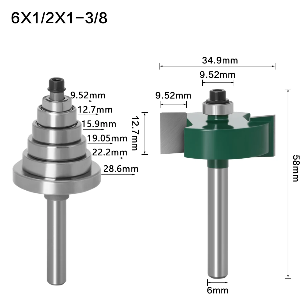 Rabbet Router Bit with 6 Bearings Set -1/2\