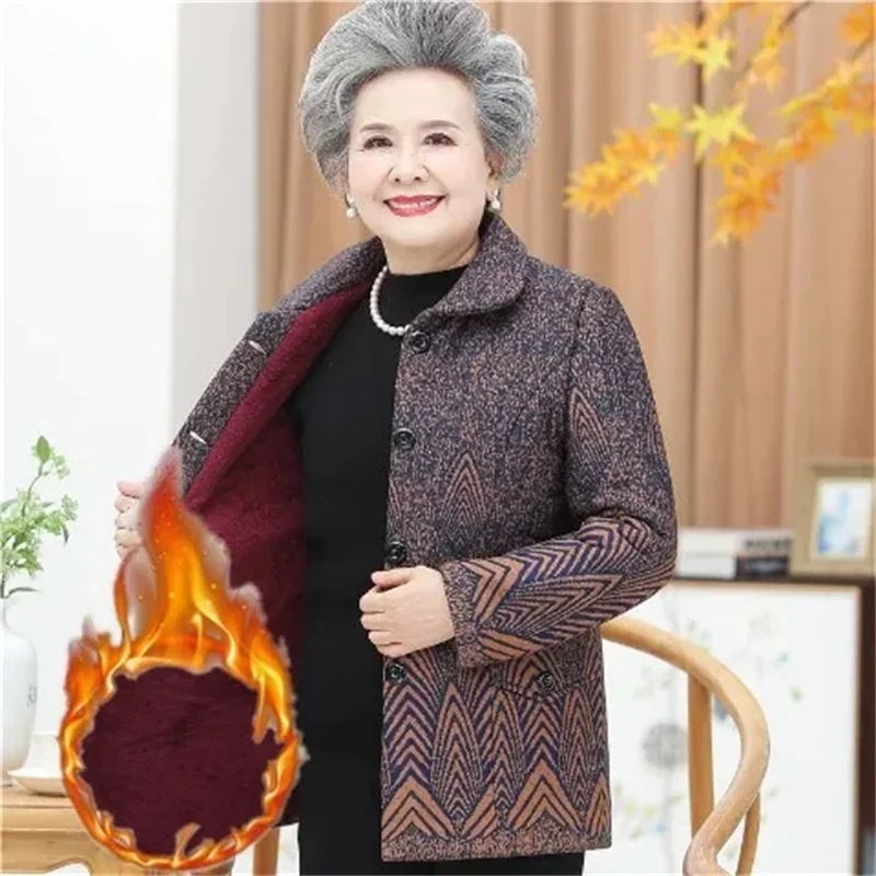 5XL Grandma's Autumn And Winter Clothes Velvet/No Velvet  Jacket Thick And Warm One-Piece/Suit Elderly Clothes Women Coat