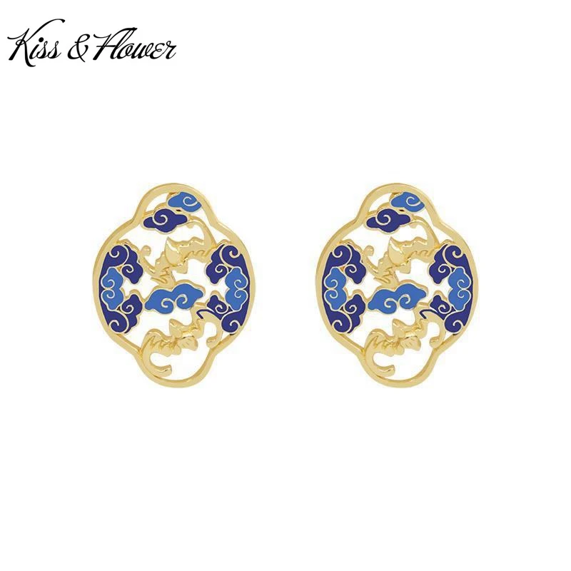 

KISS&FLOWER ER382 Fine Jewelry Wholesale Fashion Woman Girl Bride Mother Birthday Wedding Gift Cloisonne 24KT Gold Stud Earrings