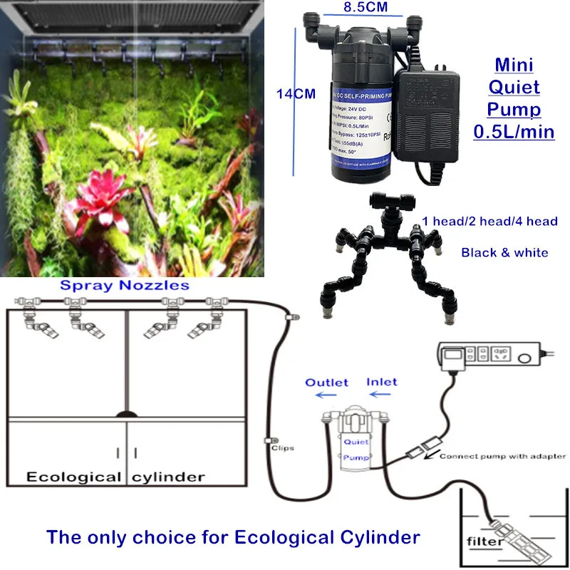 

S404 Mini Size Quiet Water Pump with 4-head 360 Degree Rotating Spray Reptile Fogger Rainforest Tank Mist Cooling System Sprayer