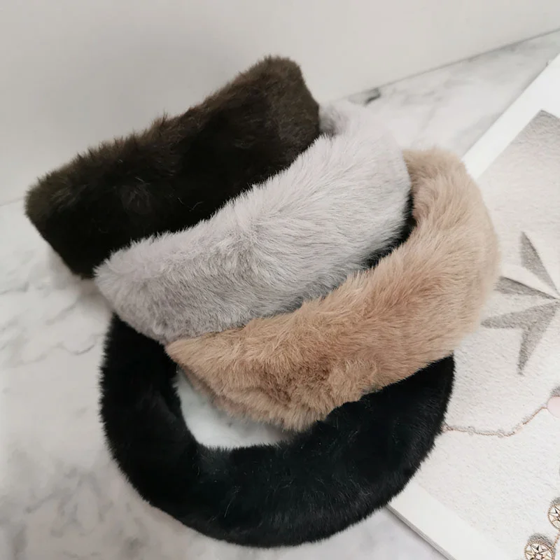 New Warm Faux Fur Headband Winter Plain Color Simple Fashion Cute Girls Plush Furry Hairbands for Women Hair Accessories