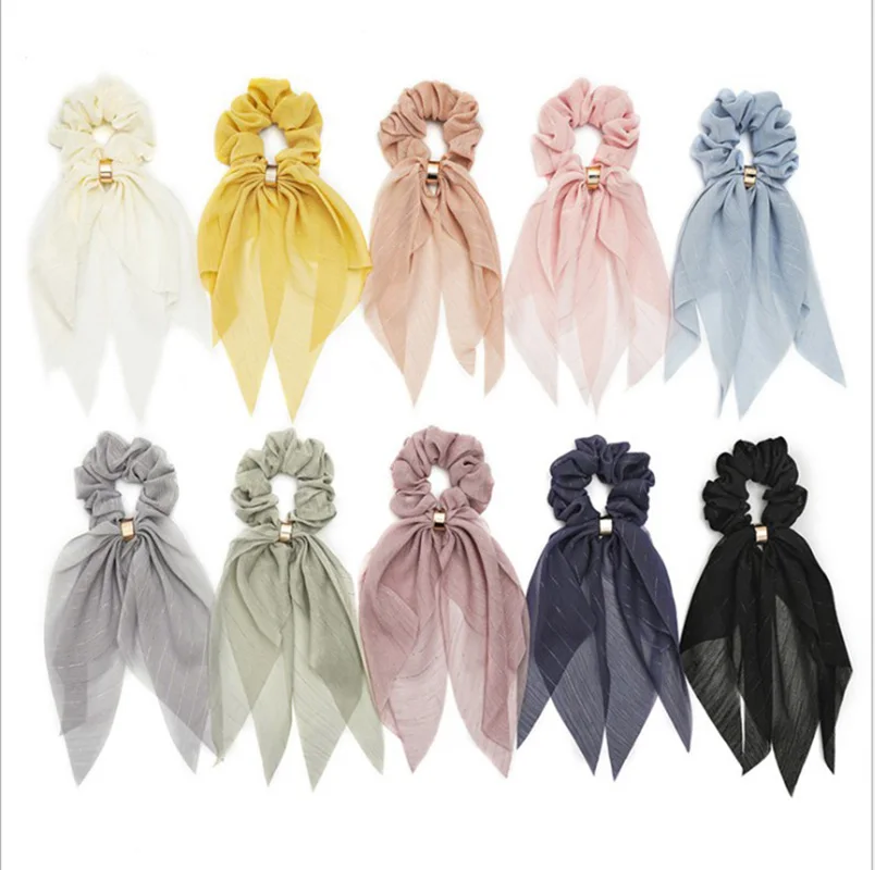 Chiffon Long Ribbon Bow Scrunchies Women Girl Ponytail Holder Scarf Hair Ties Elastic Hair Band Rope Headbands Hair Accessories