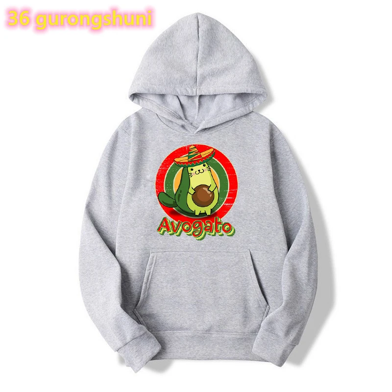 

Funny Avocado Cat Graphic Print Gray Hoodies Women Harajuku Kawaii Sweatshirt Femme Long-Sleeved Velvet Thickening Coat Tops