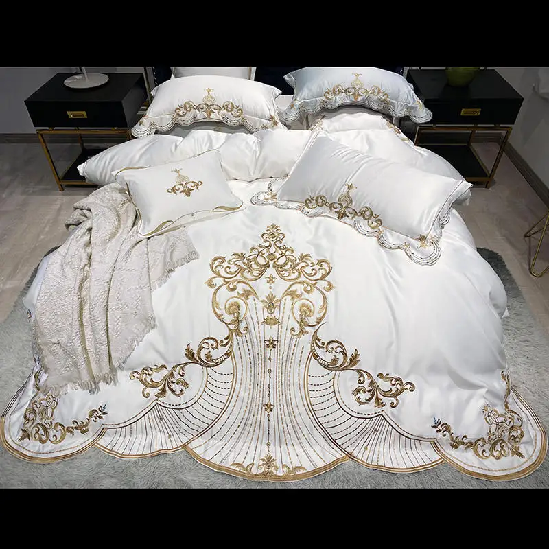 

Gold Embroidered Bedding Set Luxury White Satin Cotton Bedclothes Lace Bed Skirt Duvet Cover Sheet Pillowcases Home Textile