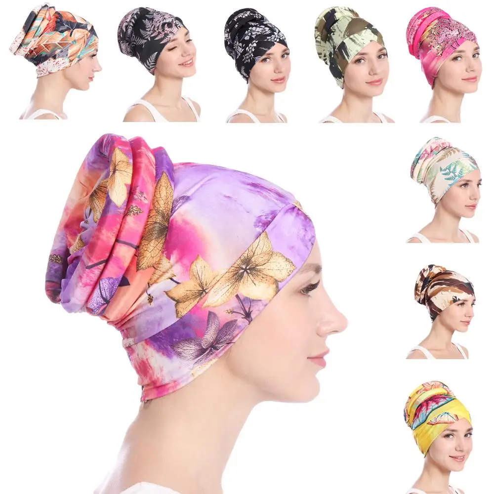 Indian Turban Women Flower Printed Hair Loss Cover Cancer Chemo Cap Muslim Hat Headscarf Beanie Bonnet Headwear Islamic Fashion