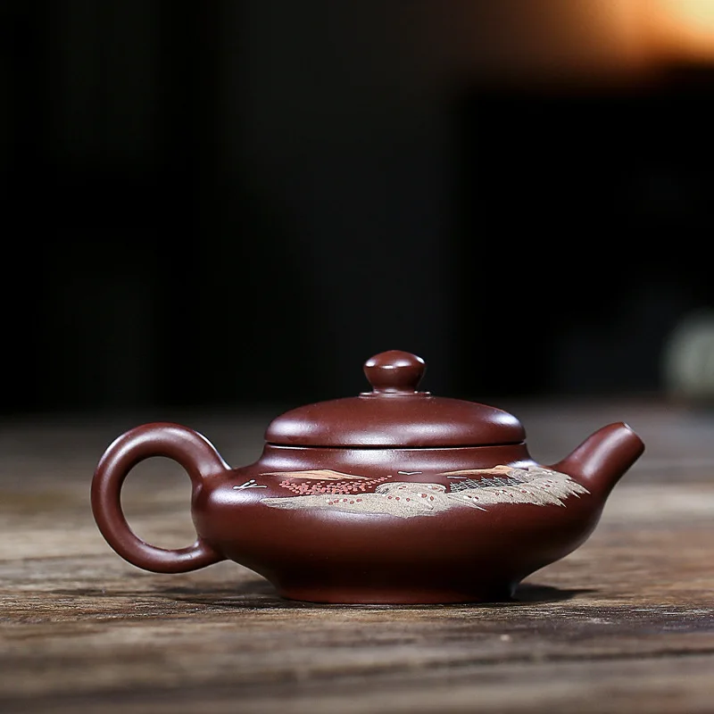 clay teapot, qianglipai pure manual raw material, purple vermilion clay painted water flat teapot, Chaoshan 150cc