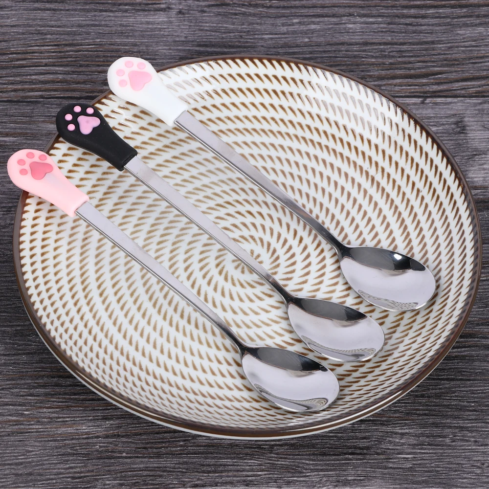 1Pcs Candy Tea Drink Spoon Cute Cat Claw Fruit Fork Dessert Spoon Kitchen Supplies Stainless Steel Coffee Spoons Drink Tableware