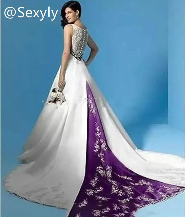 Robe de mariée en satin violet et blanc personnalisée, grande taille, sexy, col en V, robe de mariée gothique, dentelle élégante, bohème civil, patients de testostérone