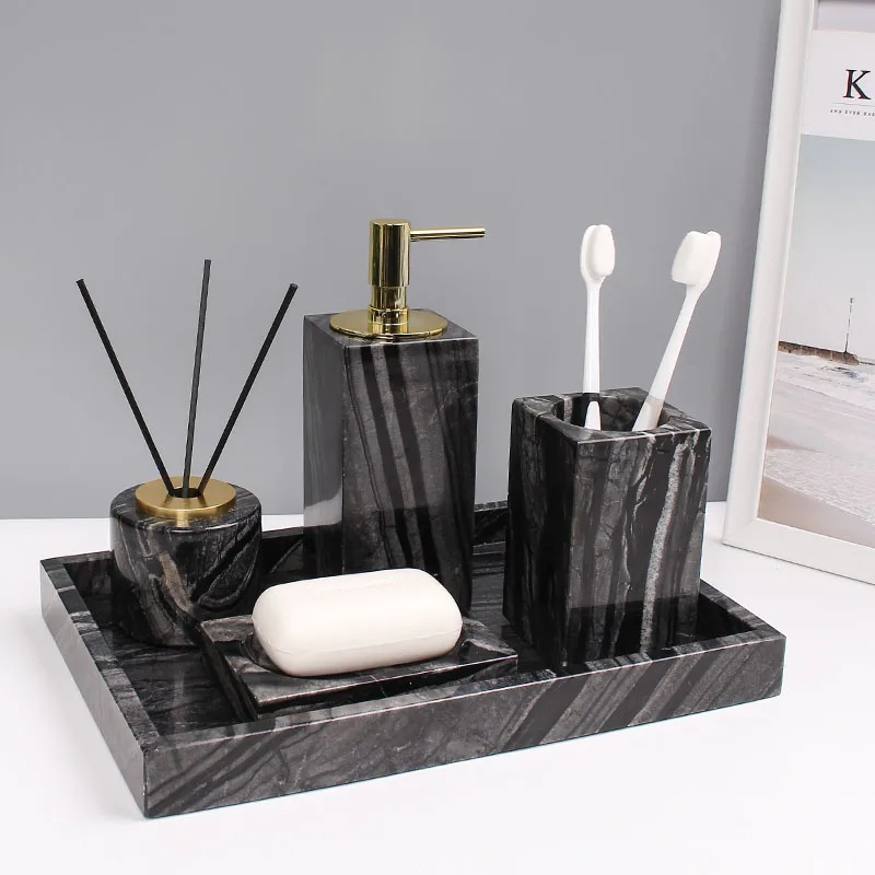 Bathroom Accessories Set Marbles Bath Toiletries Soap Dispenser/Dish Toothbrush Holder/Rack Gargle Cup Tissue Box Grain Gifts