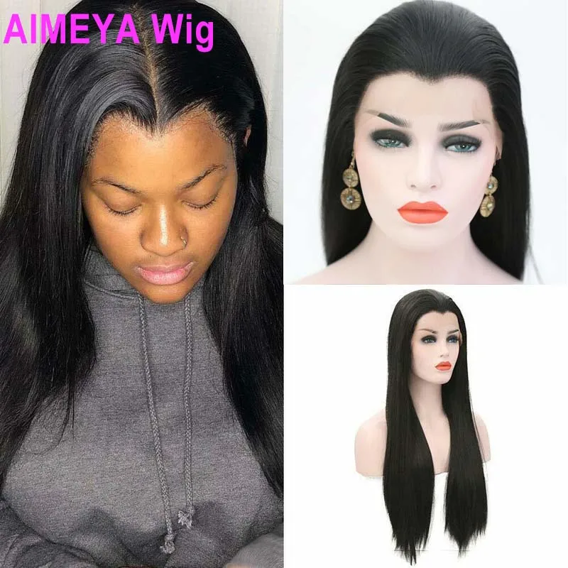 

AIMEYA Free Part Black Straight Synthetic Lace Front Wig for Black Women Glueless Heat Resistant Syntheic Hair Widows Peak Wig