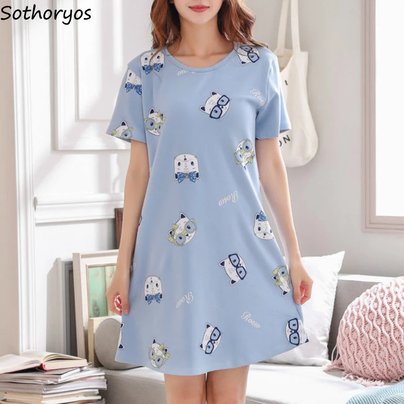 Nightgowns Women Printed Stylish Popular3XL Loose Cartoon Kawaii Korean Style Chic Leisure Nightwear Womens Sweet Sleepshirts