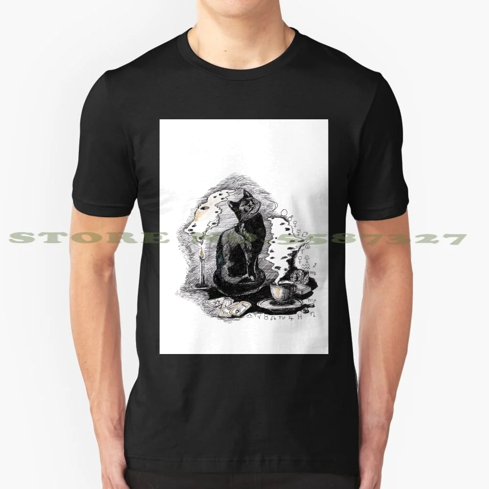 Black Cat 100% Cotton T-Shirt Familiar Cat Back Magic Pagan Tarot Lenormand Spirit Night Beautiful Totem Coffee Future Candle