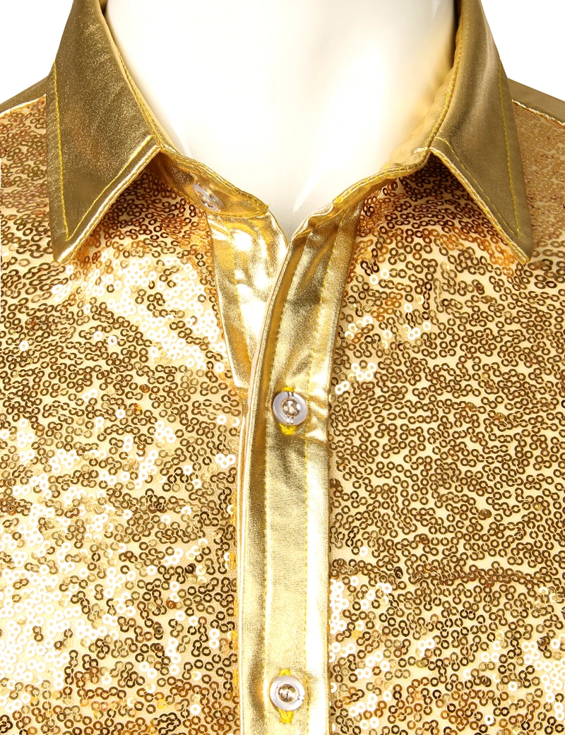 Men\'s Disco Shiny Gold Sequin Metallic Design Dress Shirt Long Sleeve Button Down Christmas Halloween Bday Party Stage Costume